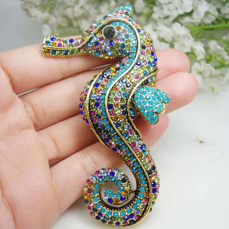 Charming  Seahorse Animal Hippocampus Woman Brooch Pin Multi-colour Rhinestone