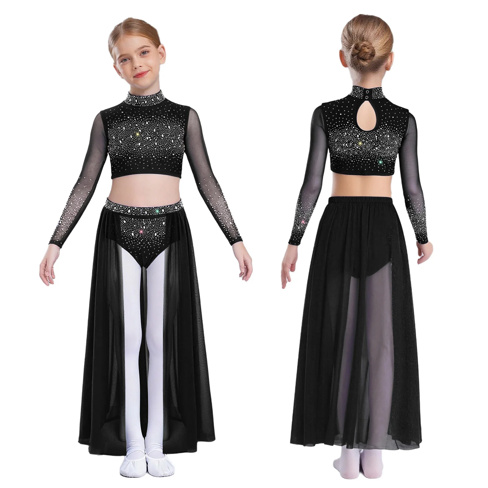 Kinderen meisjes ballet lyrische danskostuum lange mouw strass crop top met vloeiende rok set kunstschaatsen dansvoorstelling