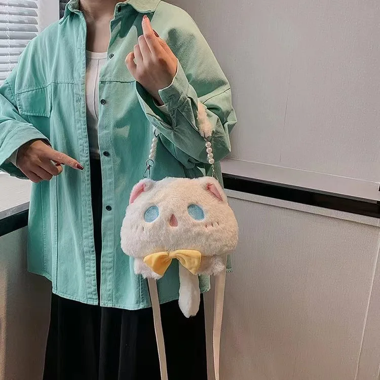 New Cute Plush Cat Crossbody Bag Handheld Shoulder Bag With Pearl Strap Soft Furry Doll Toy Purse For Women Girls Wholesale