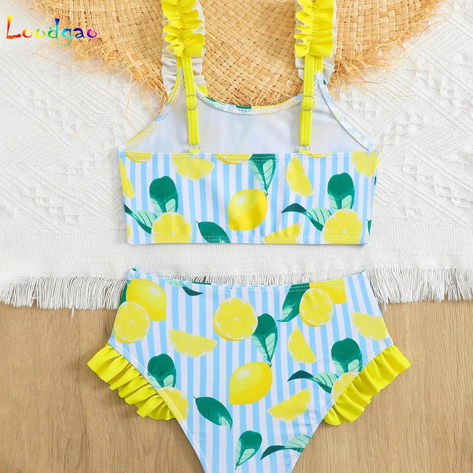 Girls Swimsuit Two Piece Lemon Striped Bathing Suit Bikini Crop Top with Bottom Beachwear Ruffle Swimwear for Vacation Holiday
