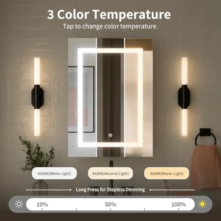 Bathroom medicine cabinet with LED lighted mirror, 20''x28'', aluminum frame, white finish, energy-efficient illumination and f