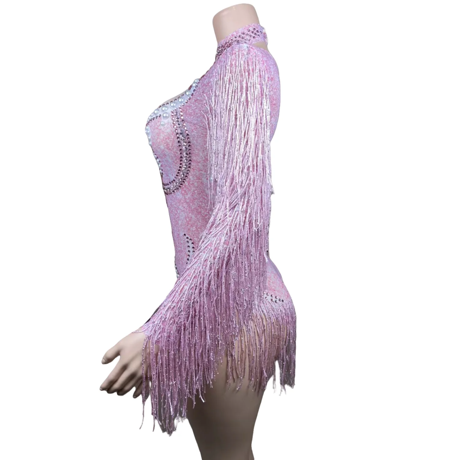 Pink Crystal Diamond Tassel Jumpsuit for Women Fashion One Piece Bodysuits Dance Stage Performance Costumes Shining Sequins Wear