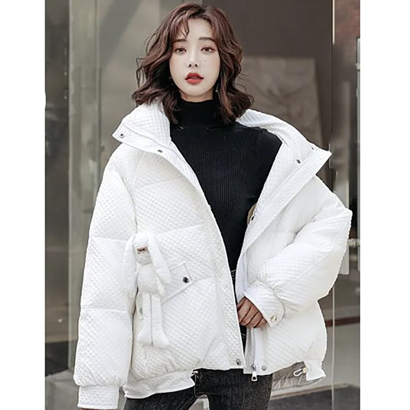 Winter Women Loose Cotton Jacket Three-Dimensional Rabbit Fashion Drawstring Washing Free Parkas Lady Elegant Casual Thick Coat