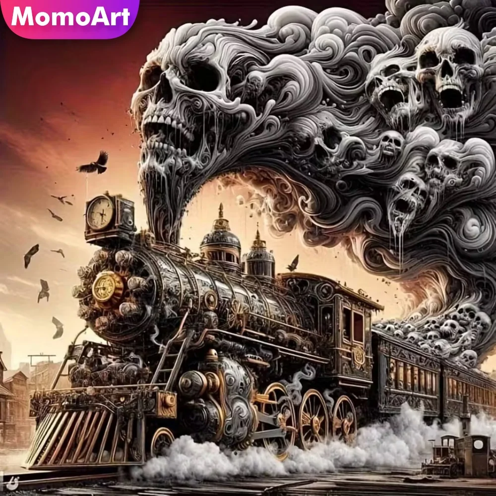 Momoart DIY Diamond Mosaic Train Scenery New Arrival Picture Rhinestones Diamond Painting Skeleton Craft Kit Wall Decoration