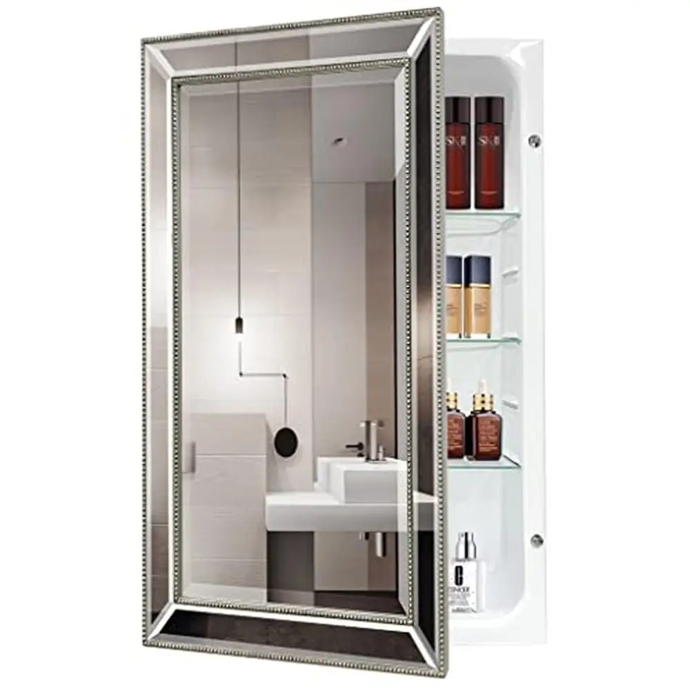 Bathroom Mirror Cabinet with Beveled Edge Recess/Surface Mount Glass Shelves Retro Style 22x30