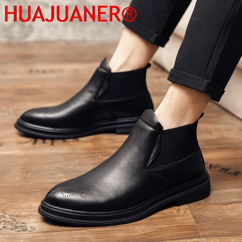 الرجعية تشيلسي أحذية للرجال عالية الجودة جلدية أحذية عمل رسمية النمط البريطاني الذكور حذاء من الجلد الأعمال البروغ أحذية بوت قصيرة