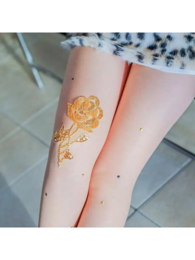 

Girls Pure Desire Wind Rose Hand made Diamond Stockings Glitter Powder Embroidered Flower Pantyhose Summer Ultra thin Sexy