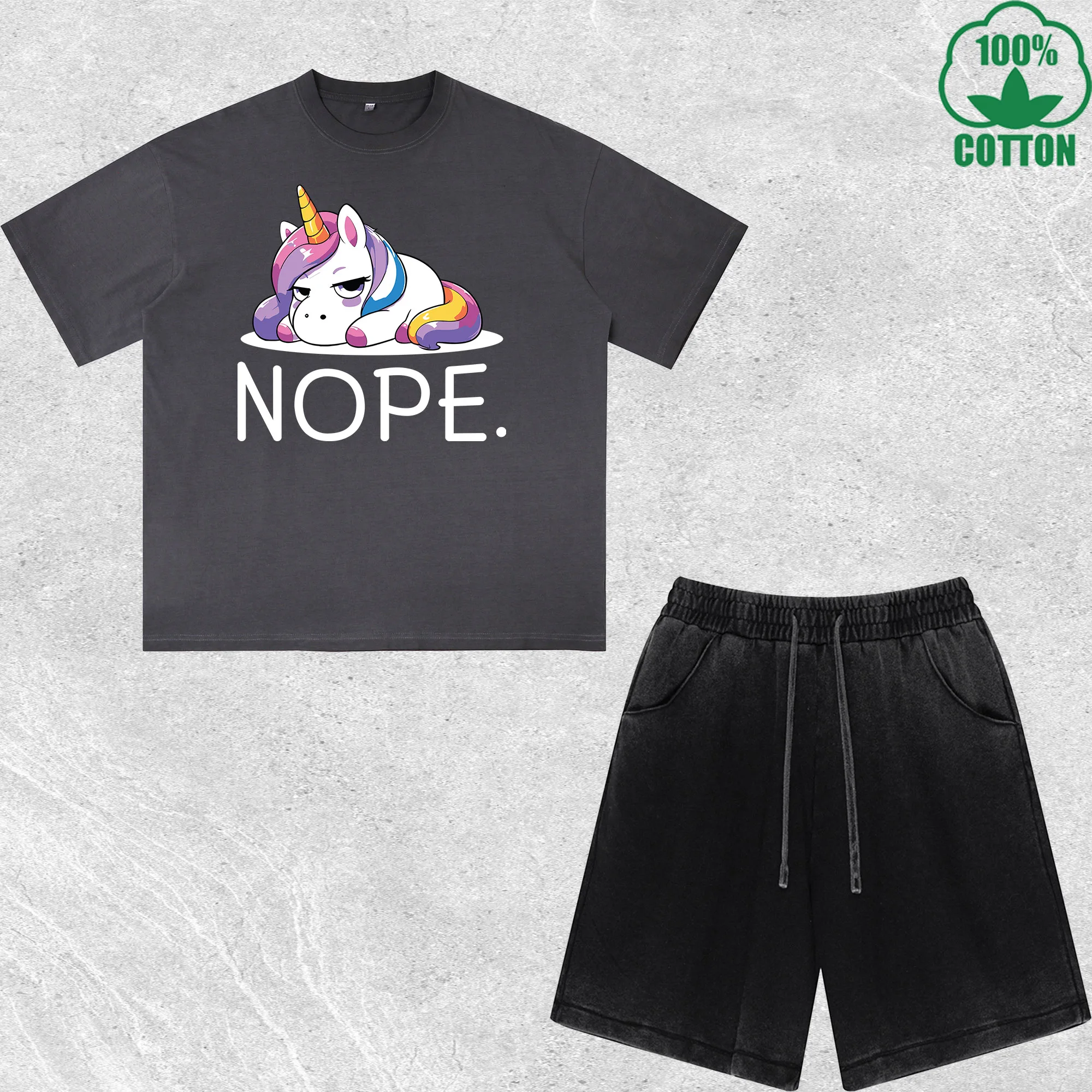 

Funny Unicorn Printed Dirty Wash T-Shirt Shorts Set Multicolor Combo Loose Trendy Fashionable 100%Cotton