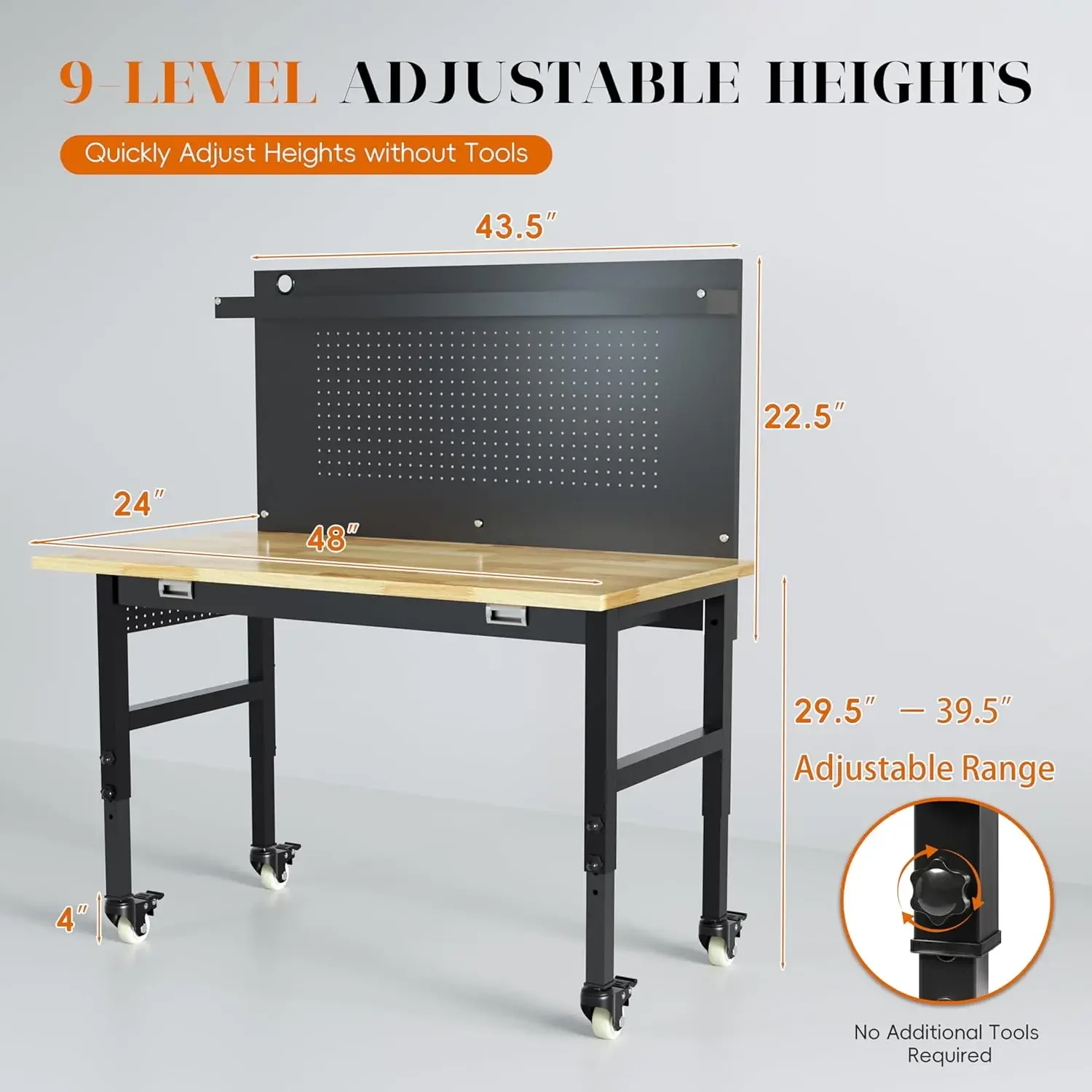 Établi réglable avec grand panneau perforé, table de travail réglable avec prises de courant et roues verrouillables, bois de caoutchouc