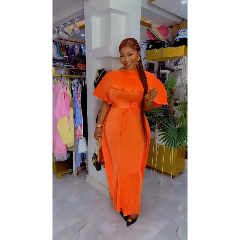 

Miyaki Pleated Plus-Size Women's Dress with Shawl and Tie Waist, Straight Skirt, New Silk Thread Gown for Parties and Elegant Socialites