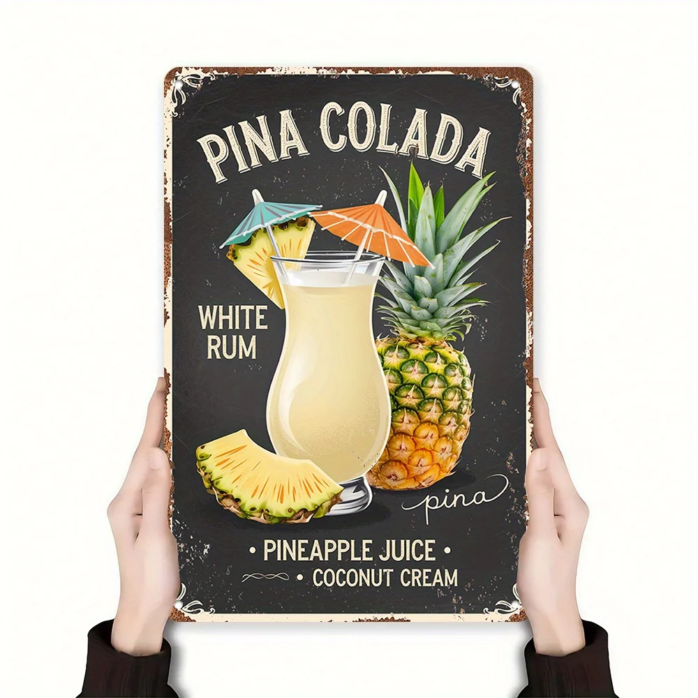 2D Flat, Vintage Pina Colada Metal Wall Art Sign-2D Flat Aluminum Tropical Drink Poster with Pineapple & Coconut Design