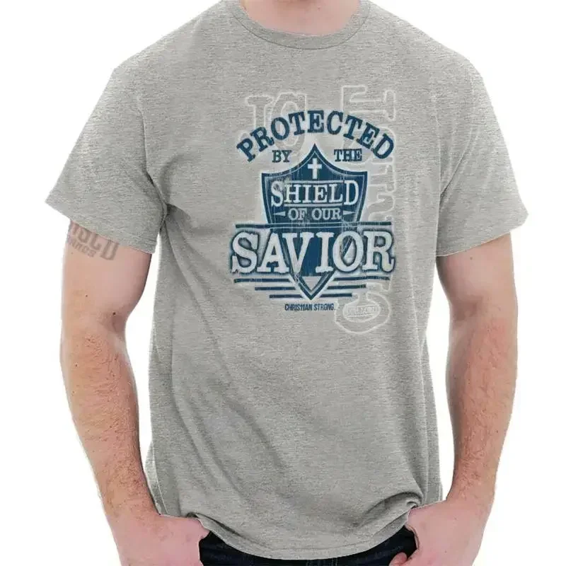 Christian Protected By Shield of the Savior Womens or Mens Crewneck T Shirt Tee