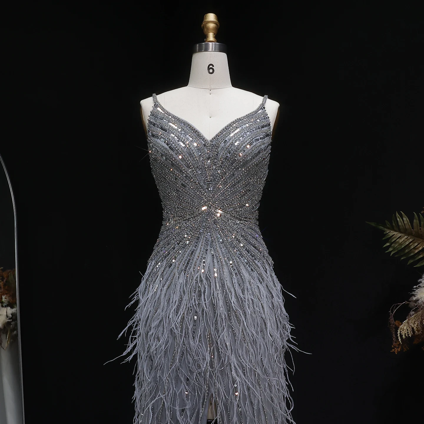 Sharon Said Dubai Luxuriöse Feder-Meerjungfrauenkleider in Silber für Hochzeiten, Blaues Arabisches Abendkleid, Partykleider SS004 Maßanfertigung – Detail 20