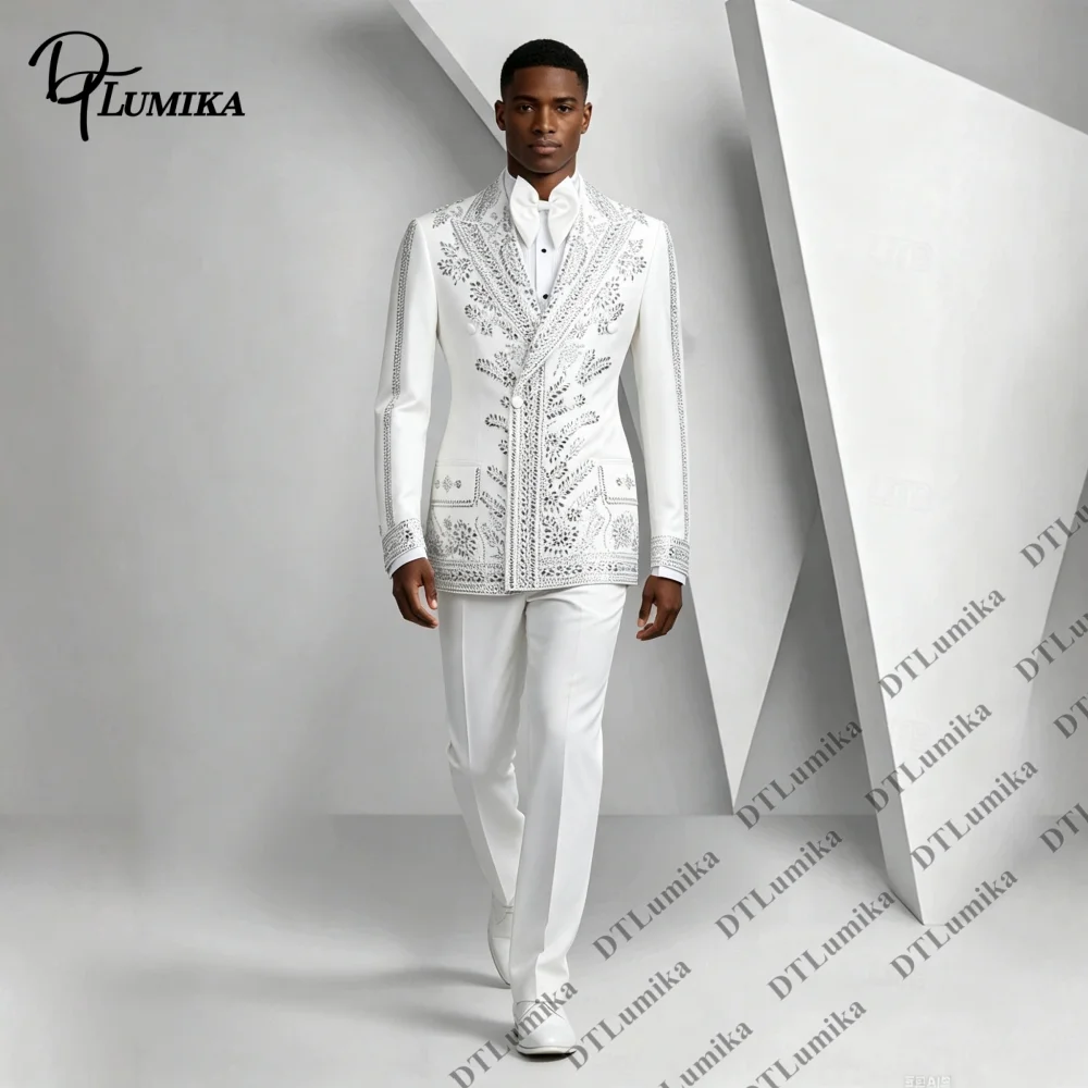 Bespoke White Silver Floral Embellished Men Suit 2‑Piece Regal Formal Attire for Destination Wedding Royal‑themed Gathering Suit