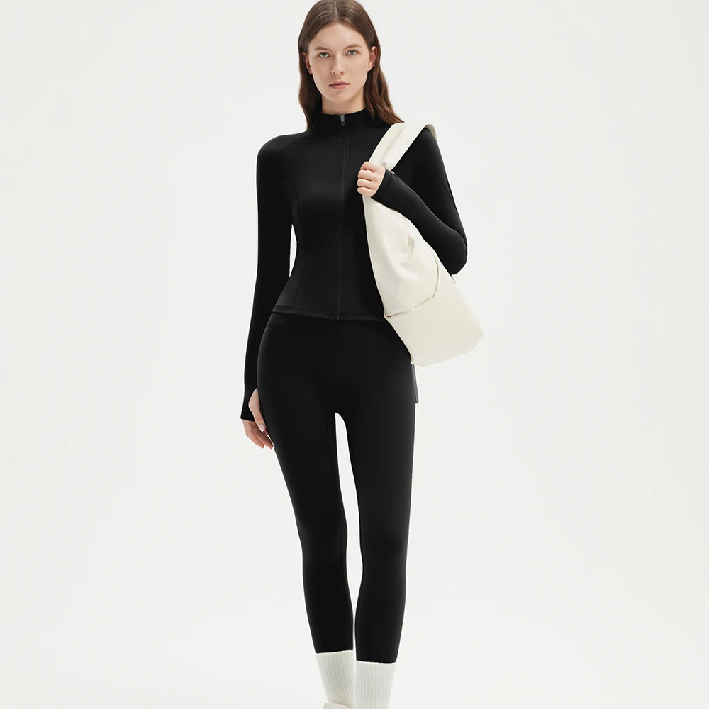 Zweiteiliges Sportset für Damen, einfarbig, mit Reißverschluss, langärmelige Sportjacke und Leggings mit hoher Taille, sportliches, atmungsaktives Yoga-Set für Damen – Detail 3