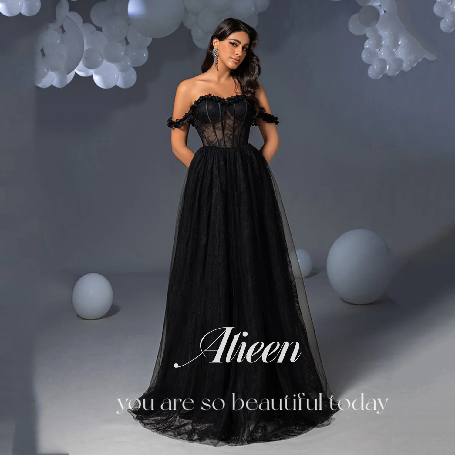 

Aileen A-line Dresses Gala Black Prom Dress Sweetheart Women Evening Dress فساتين سهرة Платье Вечернее Customized Lace Party