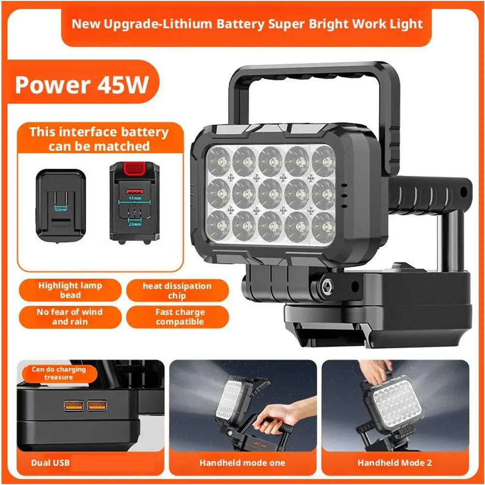 Lithium Battery Work Light for Makita Battery Flashlight Portable LED Spotlight Floodlight With Dual USB Charging Port Car Tool