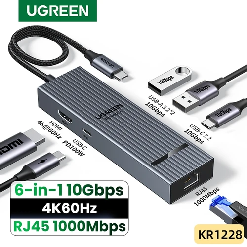 UGREEN 6 en 1 USB C HUB Gigabit Ethernet Adaptador con 4K60Hz HDMI PD100W Carga 10Gbps USB A&C 3.2 Puertos de datos para computadora portátil iPad