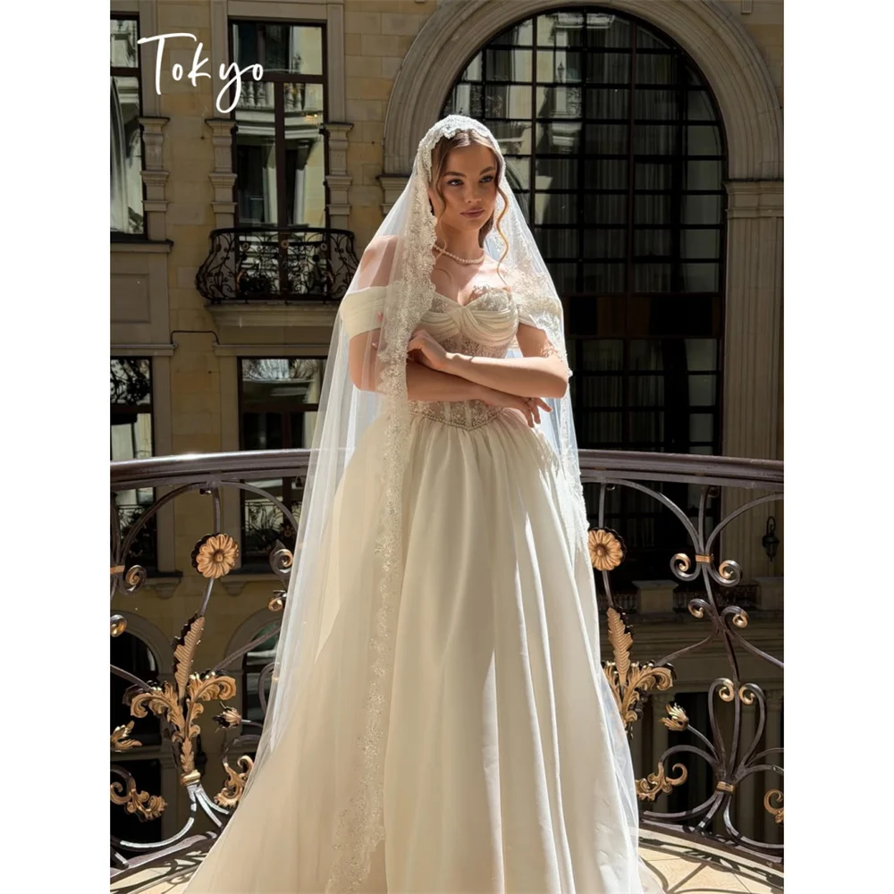 Tokyo Off The Shoulder Corset Bustier Wedding Dress Satin Sweetheart Ball Gown Elegant Formal Party Church Bridal Shower Dress