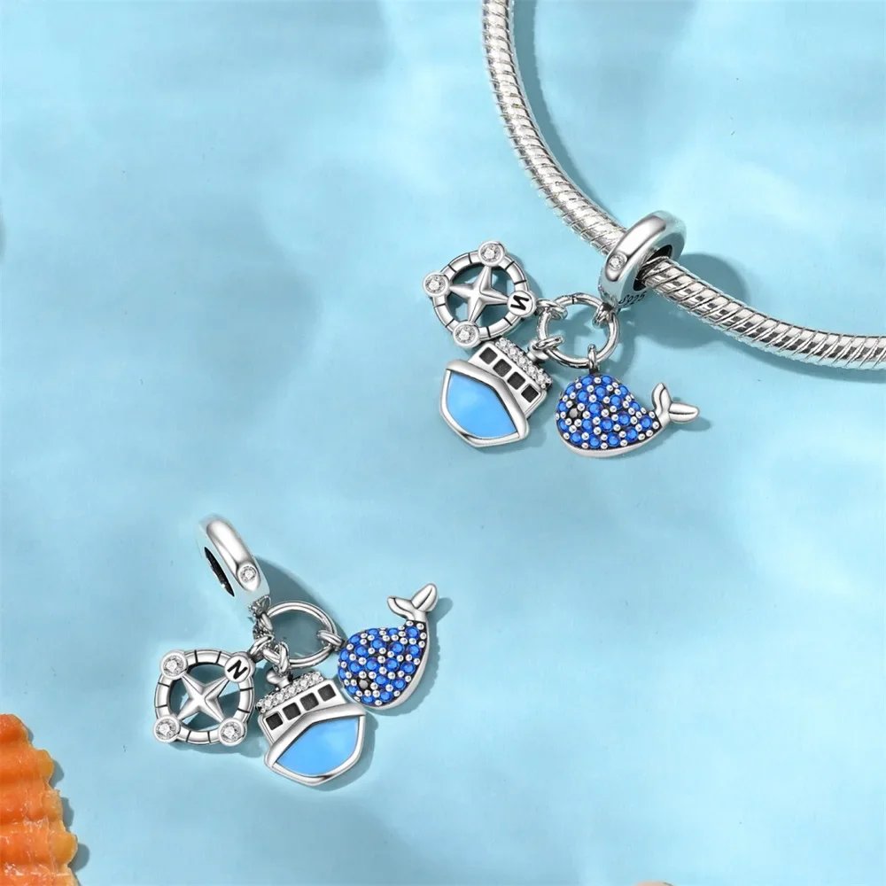 Real Silver 925 Blue Ocean Ship Lighthouse Starfish Charms Beads Pendants Original Bracelets for Women DIY Fine Jewelry Gifts