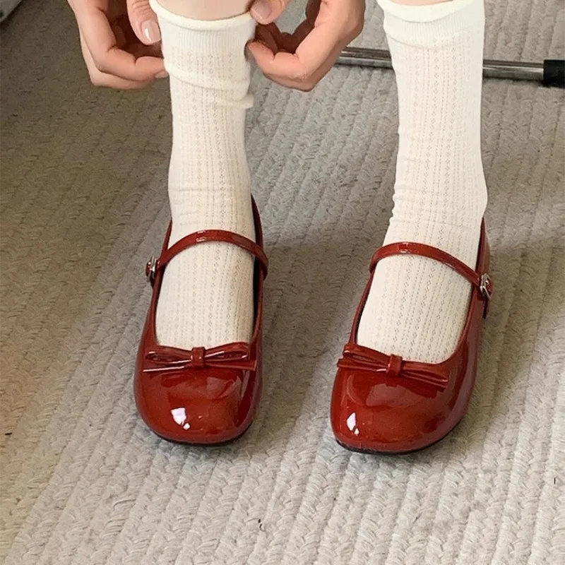 ربيع الخريف النبيذ الأحمر المرأة ماري جين أحذية السيدات الضحلة عادية فراشة عقدة أحذية أنيقة كعب فستان أحذية من الجلد 2025 #4