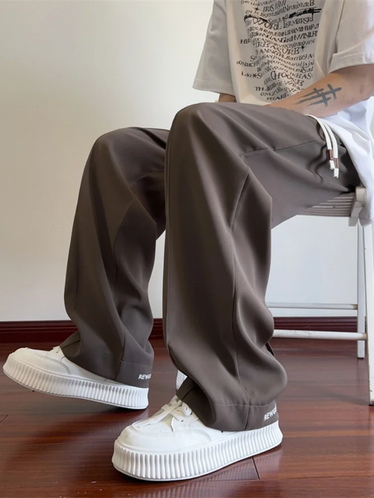 

Мужские брюки из ледяного шелка, прямые, широкие, повседневные, длинные, в стиле ретро, свободного кроя, весна 2025, модный тренд, бренд