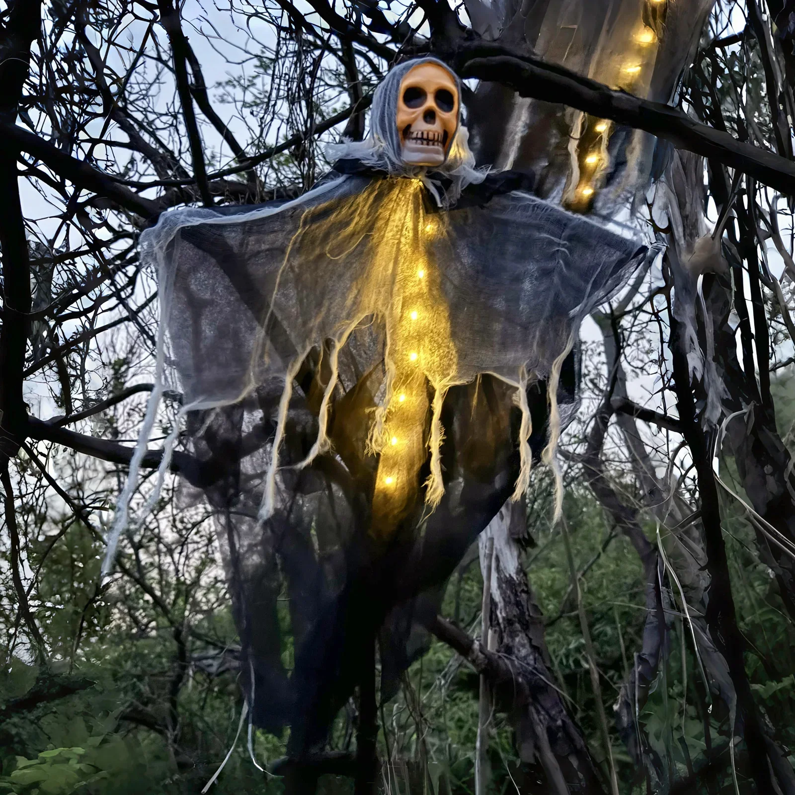 Halloween Decoration Cosplay Costumes Props Ghost with LED Light Glow Hanging Skull Ornaments Indoor Outdoor Party Haunted House