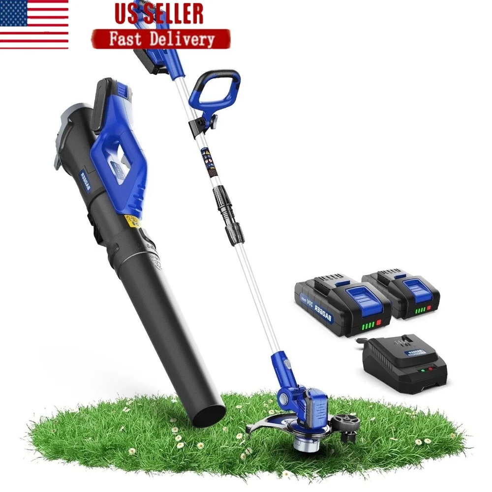 

20V Electric Weed Wacker Leaf Blower Wheeled Edger Kit with 2 Batteries Charger Lightweight Adjustable Auto Feed System