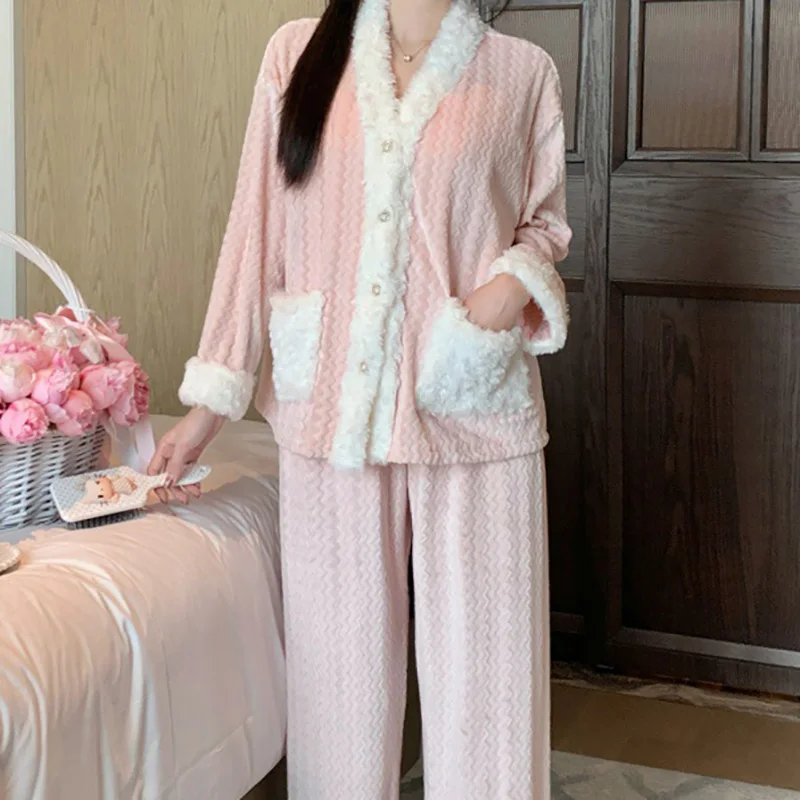 Sexy Pajamas for Women Home Clothing Three-piece Set Double-sided Island Velvet Warm Autumn and Winter Leopard Pajamas