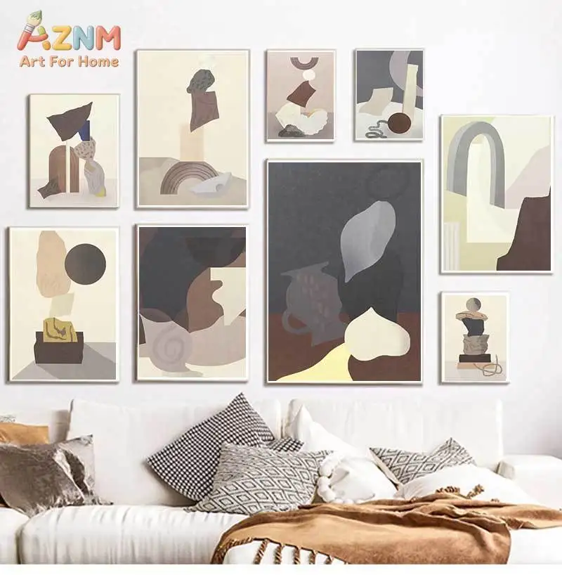 AZNM Neutral Earth Tone Geometric Block Abstract Shape Frameless Canvas Poster Minimalist Modern Living Room Wall Art Decor