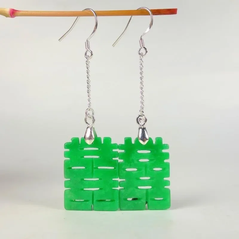 Self Created 925 Silver Natural Green Jade Double happiness Earrings Original DIY By Hand Accessories Women Gifts Jewelry