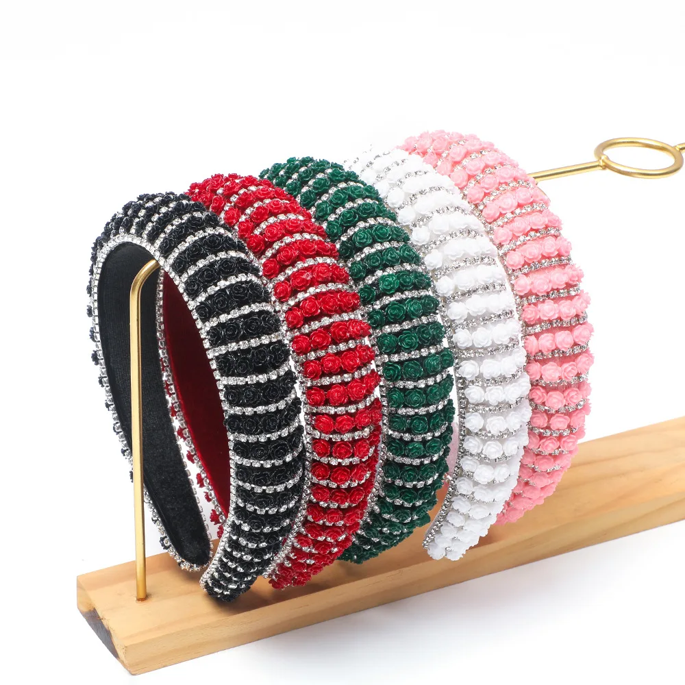 

European and American Fashion Baroque Rose Flower Velvet Sponge Rhinestone Headband