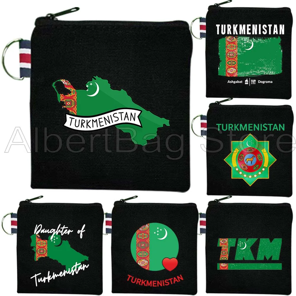 

Turkmenistan Flag Watercolor Map Turkmen Gift Canvas Bag Coin Purse Travel Small Square Key Storage Card Bag Cotton Wallet Pouch