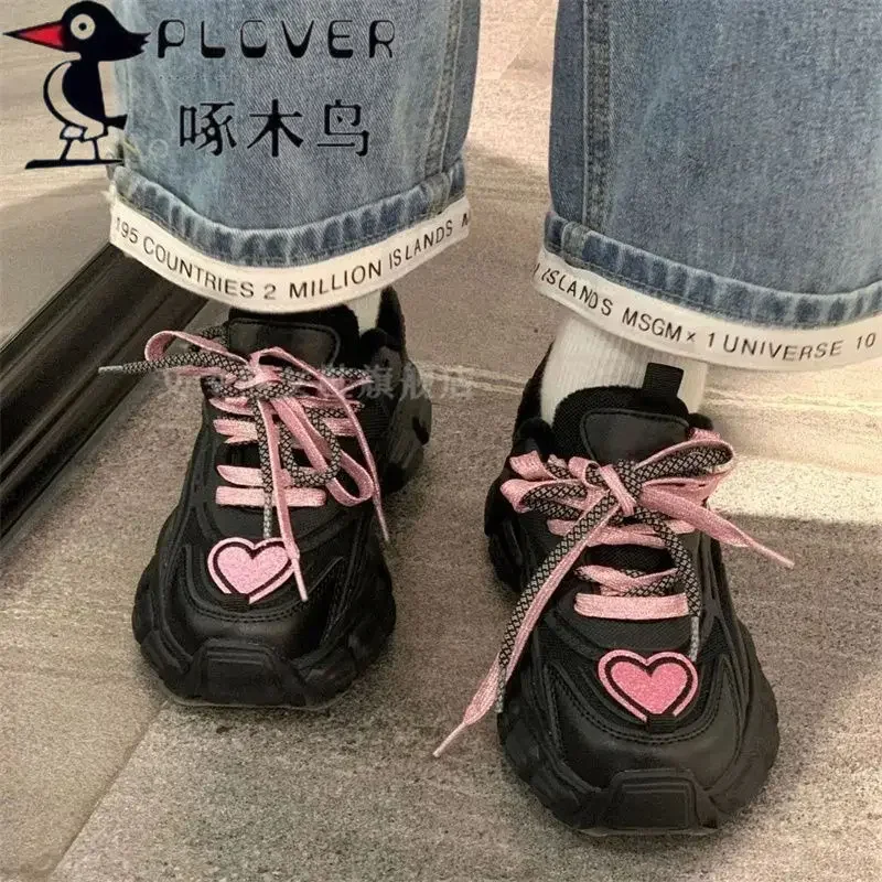 Women Buffalo Shoes Pink Heart Platform Sneakers Casual Vintage Vulcanize Kawaii Korean Sports Tennis Female Spring Summer