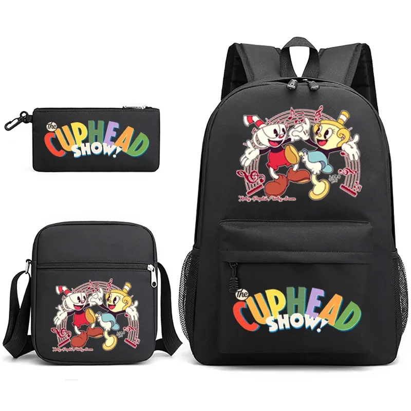 Juego Popular de moda con estampado de Cuphead, bolsas escolares para pupilas, mochila para portátil, bolso de hombro inclinado, estuche para lápices, 3 uds./Set