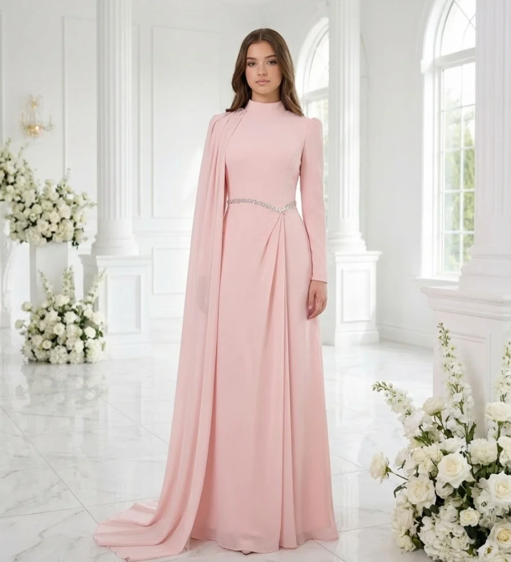 

Customized Pastrol Fashion Jersey Pleat Rhinestone Ruched A-line High Collar Long Dresses Evening Dresses Chinese Style Fashion