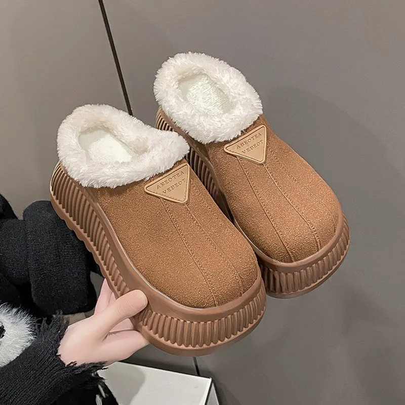 

11CM Platform High Heels Women Butterfly-knot Slippers Suede Mules Shoes Winter Casual Snow Boots Short Plush Warm Cotton Shoes