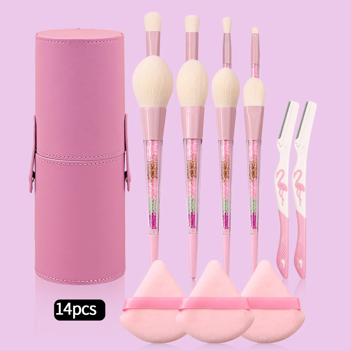 14PCS set combination 8 diamond handle makeup brush set +3pcs triangular powder puff +2pcs eyebrow razor +1pcs storage bucket