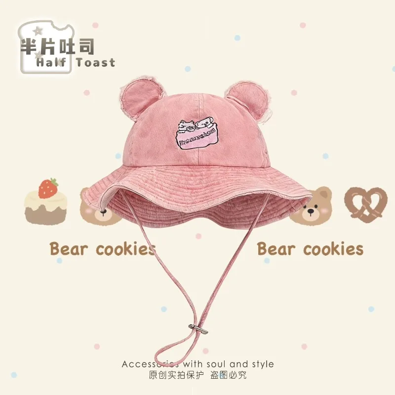 

Ретро-кепки-ведерки из выстиранного денима с милыми медвежьими ушками и завязками для женщин: универсальные головные уборы для путешествий, защиты от солнца и походов весной и летом