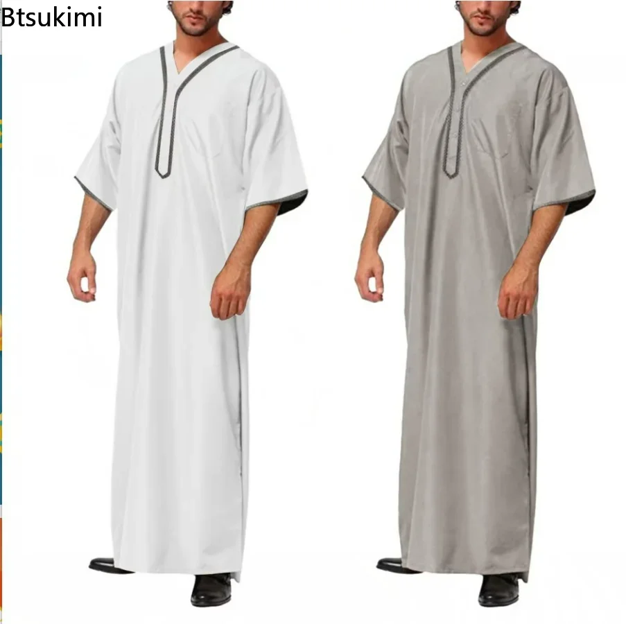 2024 Muzułmanki Jubba Thobe Solid Button Kimono Middle Robe Saudi Muslim Man Shirt Stand Collar Islamic Arabic Kaftan Men Abayas