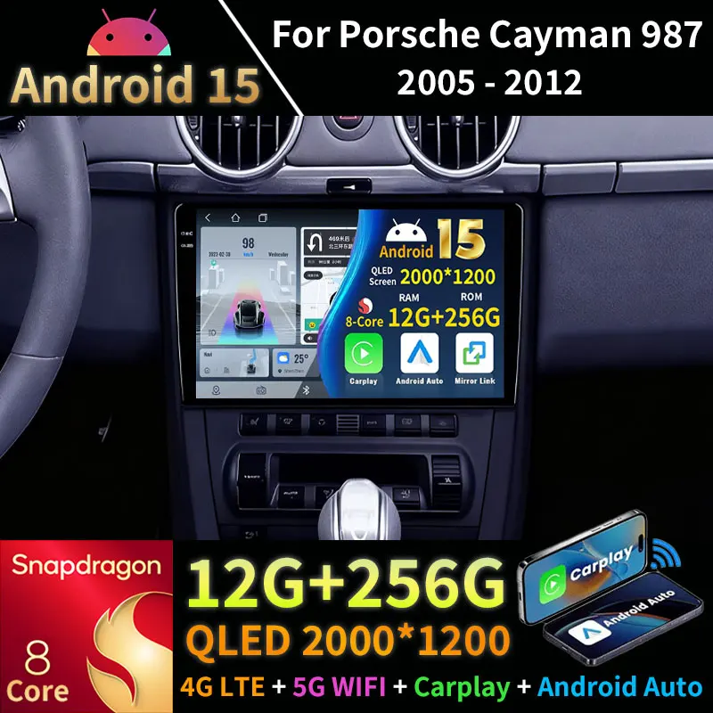 Android 15 Car Radio For Porsche Cayman 987 2005 - 2012 GPS Multimedia Player Navi Wireless Carplay Head Unit 360 Camera QLED BT