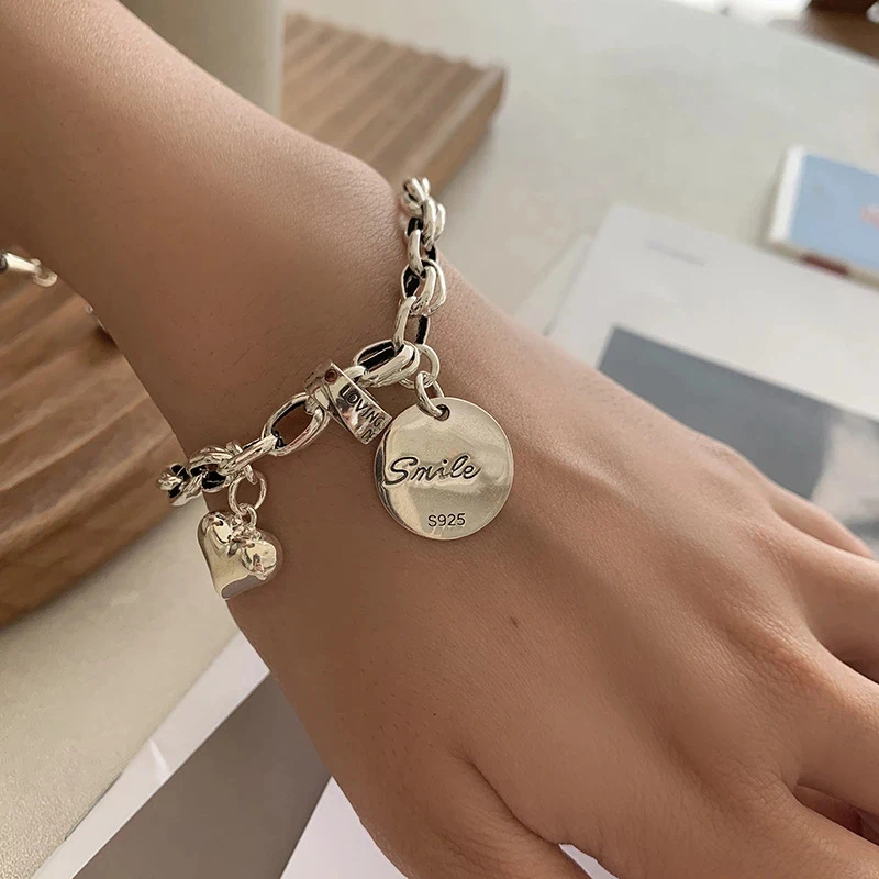 925 Sterling Silver Bracelet for Women Men Trendy Vintage Geometric Heart Love Lucky Cat Thai Silver Punk Fine Jewelry Wholesale