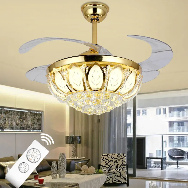 42 Inch Invisible Crystal Ceiling Fan With Lights Bedroom Living Room Crystal Ceiling Fans Lamp with Remote Control