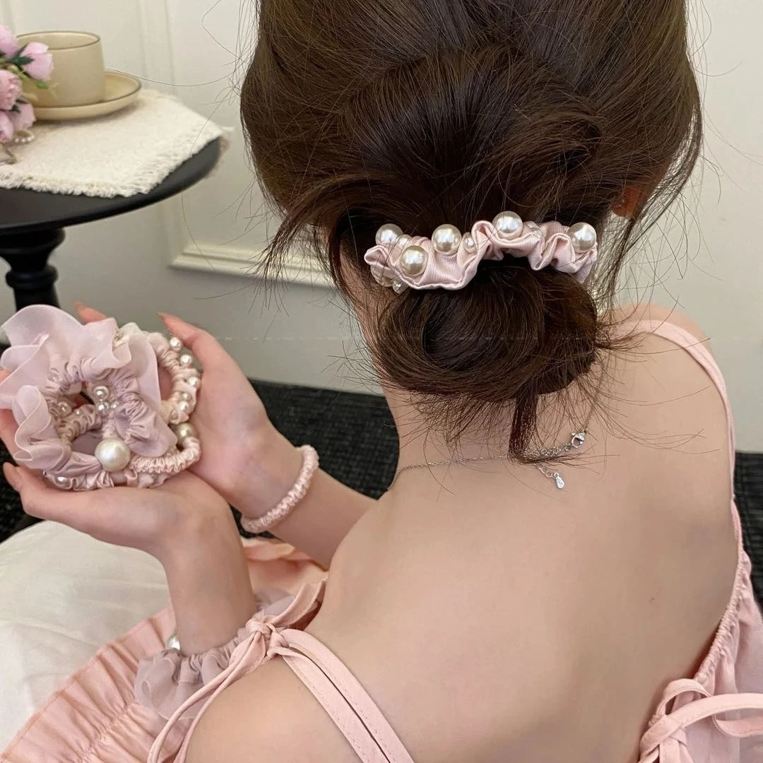 3 Stück Scrunchies Rosa Süße Perlen-Haargummis Hochelastische Haarbänder Spitzenbesetzte Haarseile Patchwork-Haargummis – Detail 2
