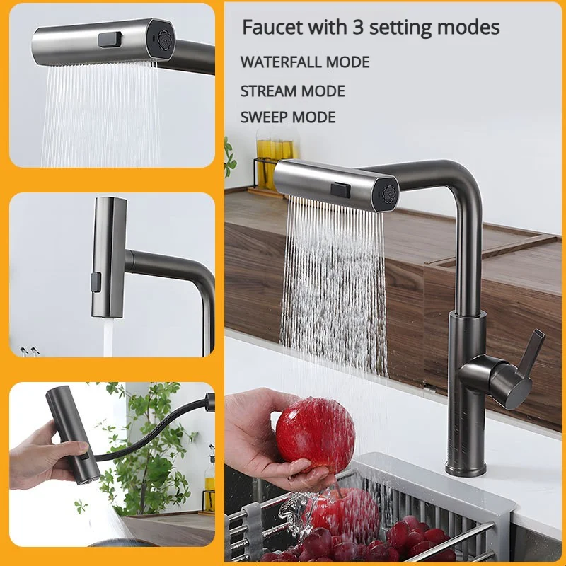 3-Mode Kitchen Pull-out Faucet SUS304 Waterfall Modern Kitchen Sink Hot And Cold Faucet With Pull Down Sprayer