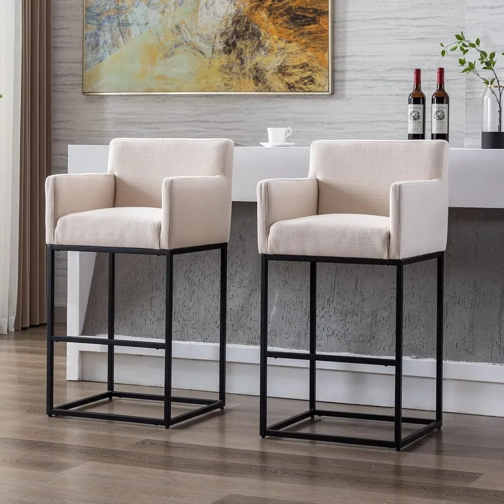 

26.75" Bar Stools Set of 2 Linen Fabric Upholstered Barstools with Backrest and Arms, Bar Chairs Kitchen Stools