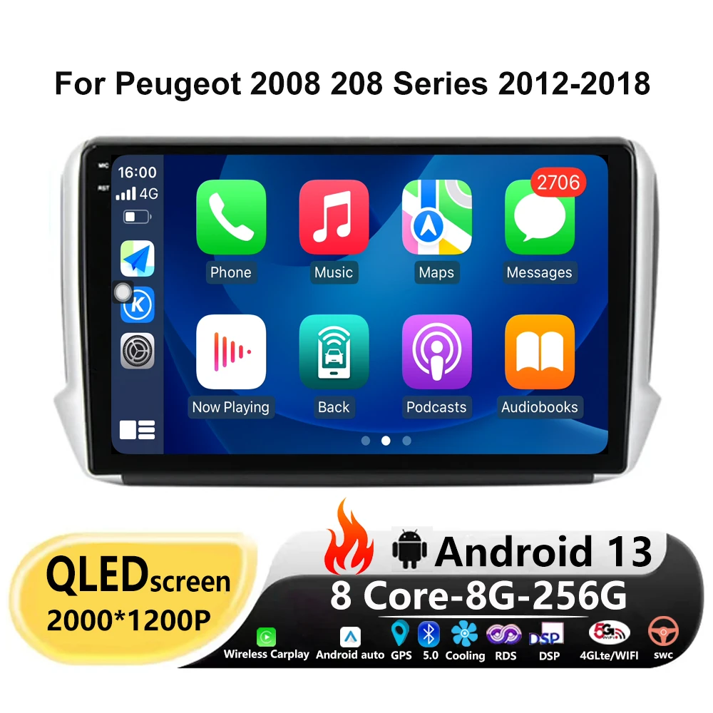 

Car Multimedia Navigation GPS Android 13 10" For Peugeot 2008 208 Series 2012-2018 DSP Carplay Stereo Autoraido Radio WIFI 4G