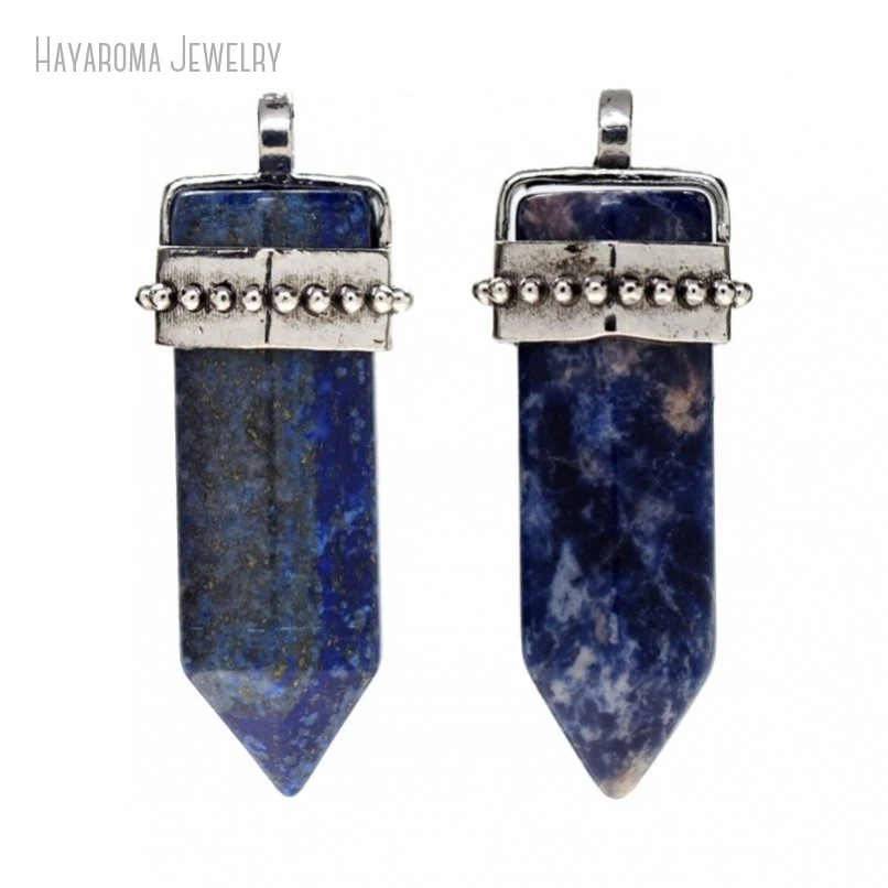 10Pcs Wholesale Stone Lapis Lazuli Jewelry Silver Color Crystal Pillar Hexagon Hexagonal Prisms Point Pendant