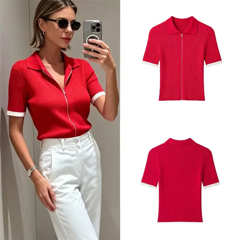 Guobioziy Women's Knit Sweater 2026 Early Autumn New Arrival Stylish Simple Versatile Ribbed Collar Knit Polo Shirt