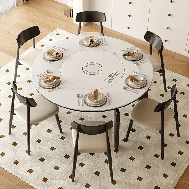 Medieval Solid Wood Round Dining Table Set with Induction Cooker Turntable Retractable Multi Function Household Furniture